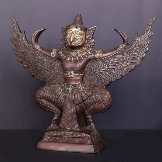 Brassaura® Garuda Open Wings Idol with Antique Finish | Pure Superfine Brass Handcrafted Murti | Brass Statue for Home Temple, Pooja Room | Height 12 Inches | Weight 7 Kgs