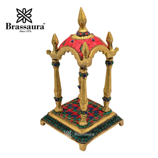 Brassaura™ Brass Gem Stone Work Temple Statue – Height 10.4 Inches & Weight 2.3 Kgs | Handcrafted Temple Sculpture,