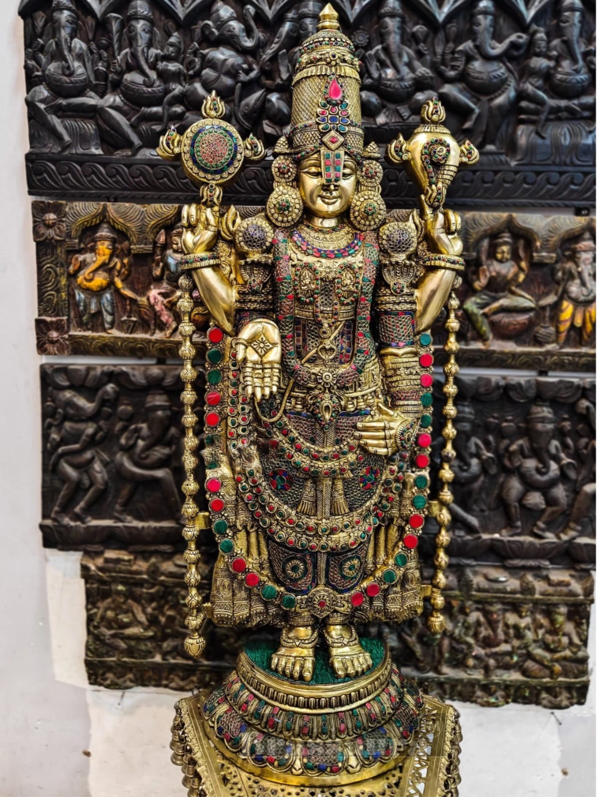 Brassaura™ Pure Brass Tirupati Balaji Idol with Stonework – 48 Inches, 49 Kgs