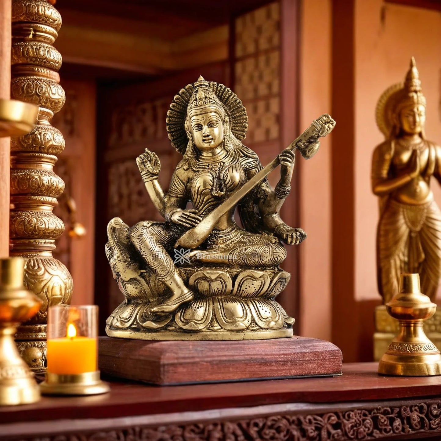 Brass Saraswati Idol for Home and Decor Height 9 Inches & Weight 3.5 Kgs