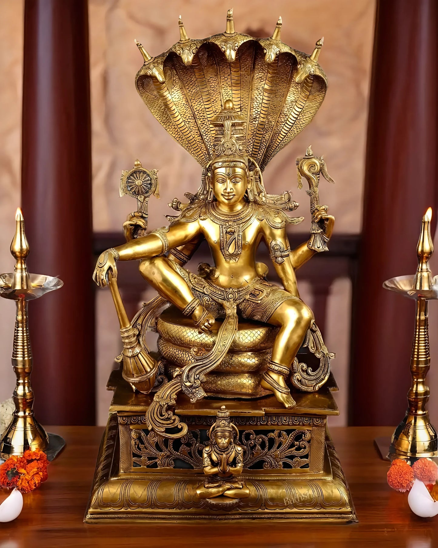Brassaura™ Superfine Brass Shri Hari Narayana Statue Seated Under Sheshanaag | 29 Inch Height | 35 KG Weight | Finely Casted