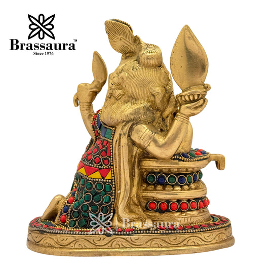 Brassaura™ Brass Gem Stone Work Ganesha with Shivling Idol for Home and Decor | Weight 1.9 Kgs | Height 6.30 Inches