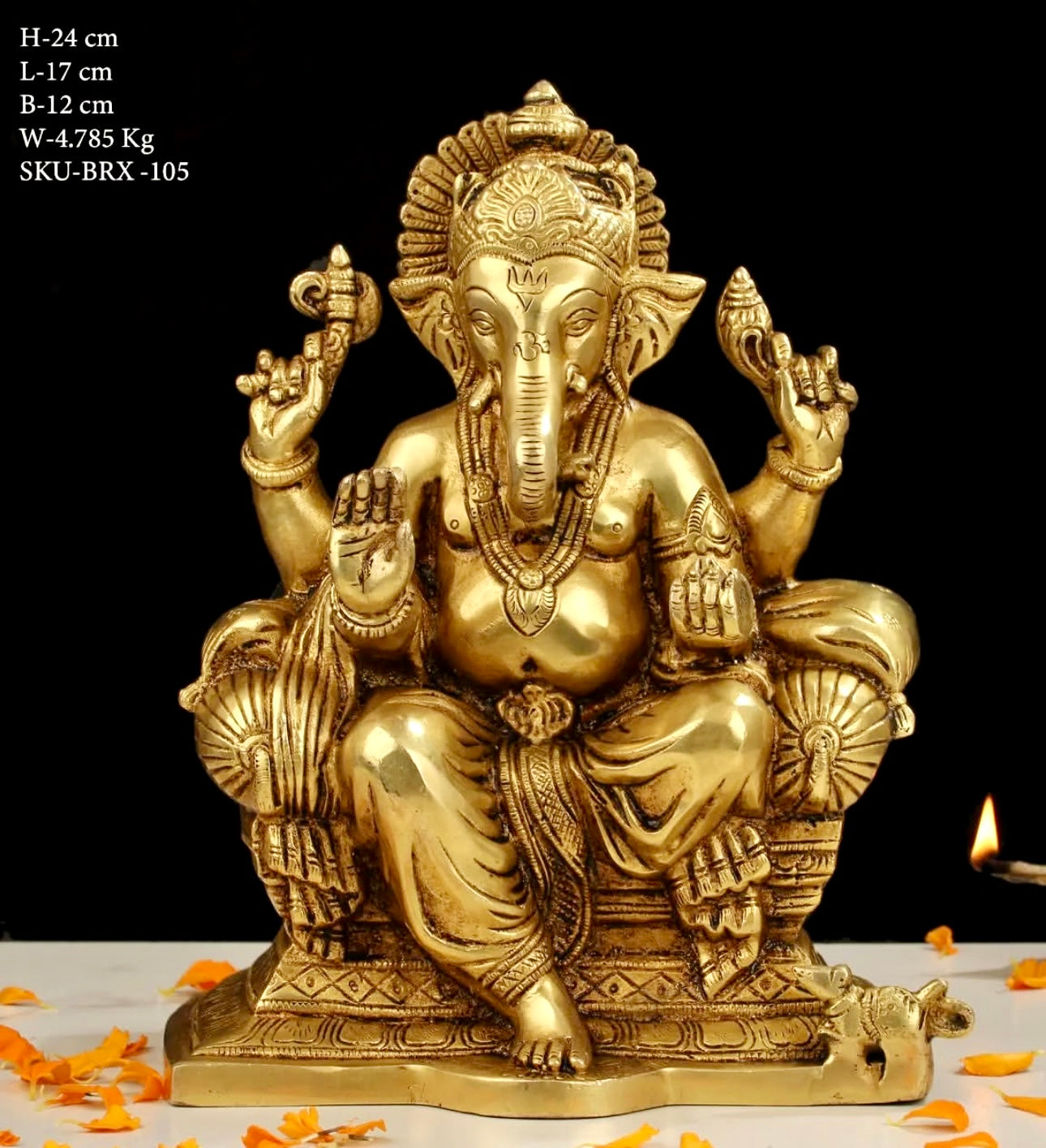 Brassaura™ Brass Ganesha Statue – Height 9.5 Inch, Weight 4.785 Kg | Solid Brass Murti