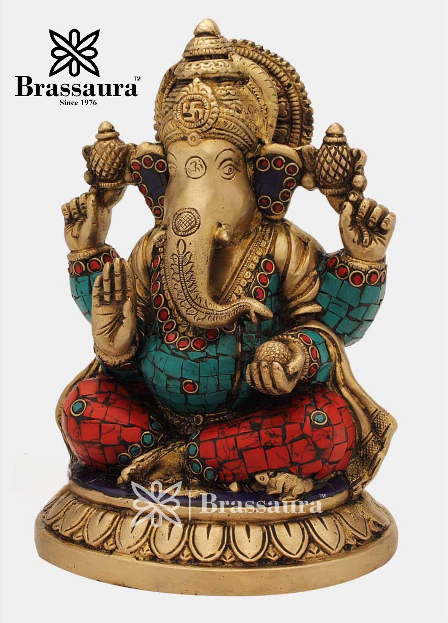 Brass Gem Stone Work Ganesha Statue For Home Decor Weight 3 Kg And Height 8 Inch