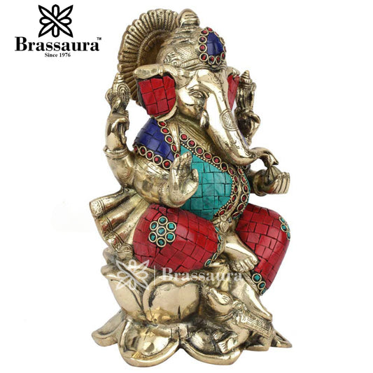 Brassaura™ Brass Gem Stone Work Lotus Ganesha Idol for Home and Decor | Weight 4.3 Kgs | Height 10 Inches