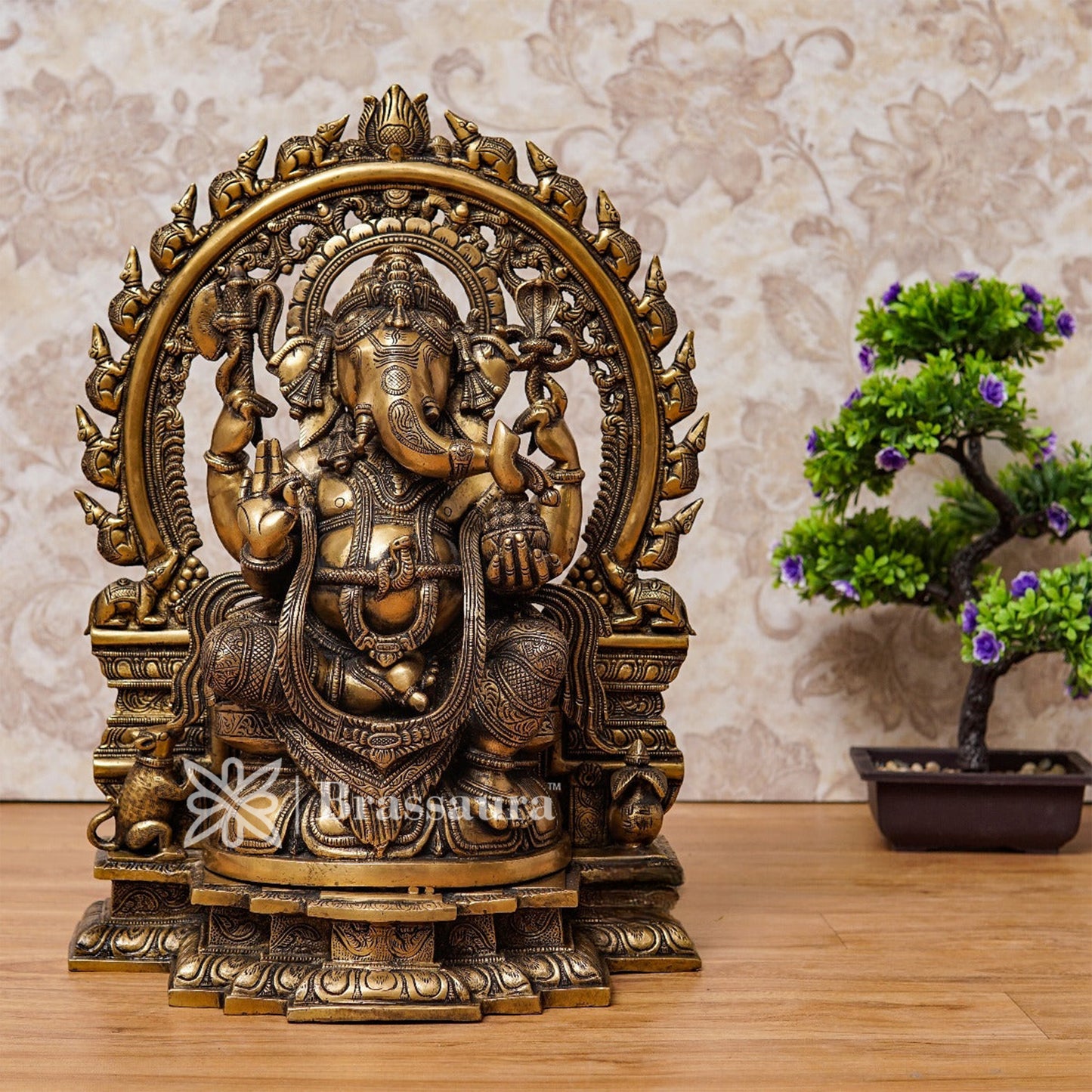 Brassaura™ Brass Ring Ganesha Idol for Home and Decor | Weight 18 Kgs | Height 18 Inches