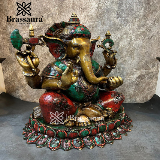 Brass Gem Stone Work Lotus Ganesha Statue For Home Decor And Gift Items Weight 31.8 Kg And Height 22.5 Inches