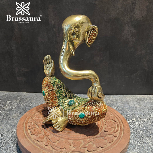 Brassaura™ Brass Gem Stone Work Modern Ganesha Idol for Home and Decor | Weight 2.1 Kgs | Height 8 Inches