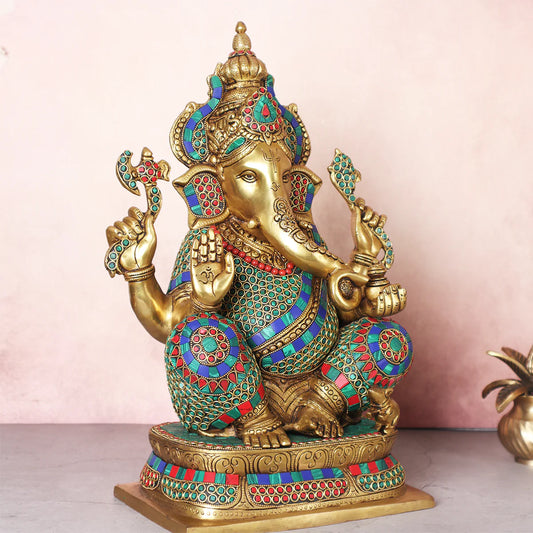 Brassaura® Brass Large Ganesha Statue for Home Temple Decor | Height 15.5 Inches