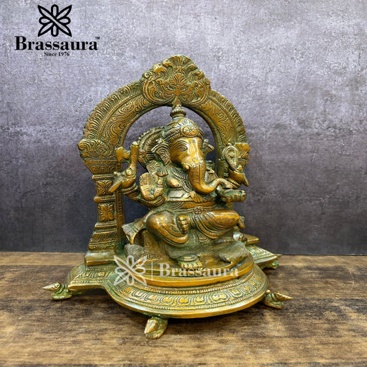 Brassaura™ Brass Ring Ganesha Idol for Home and Decor | Weight 3.9 Kgs | Height 11 Inches