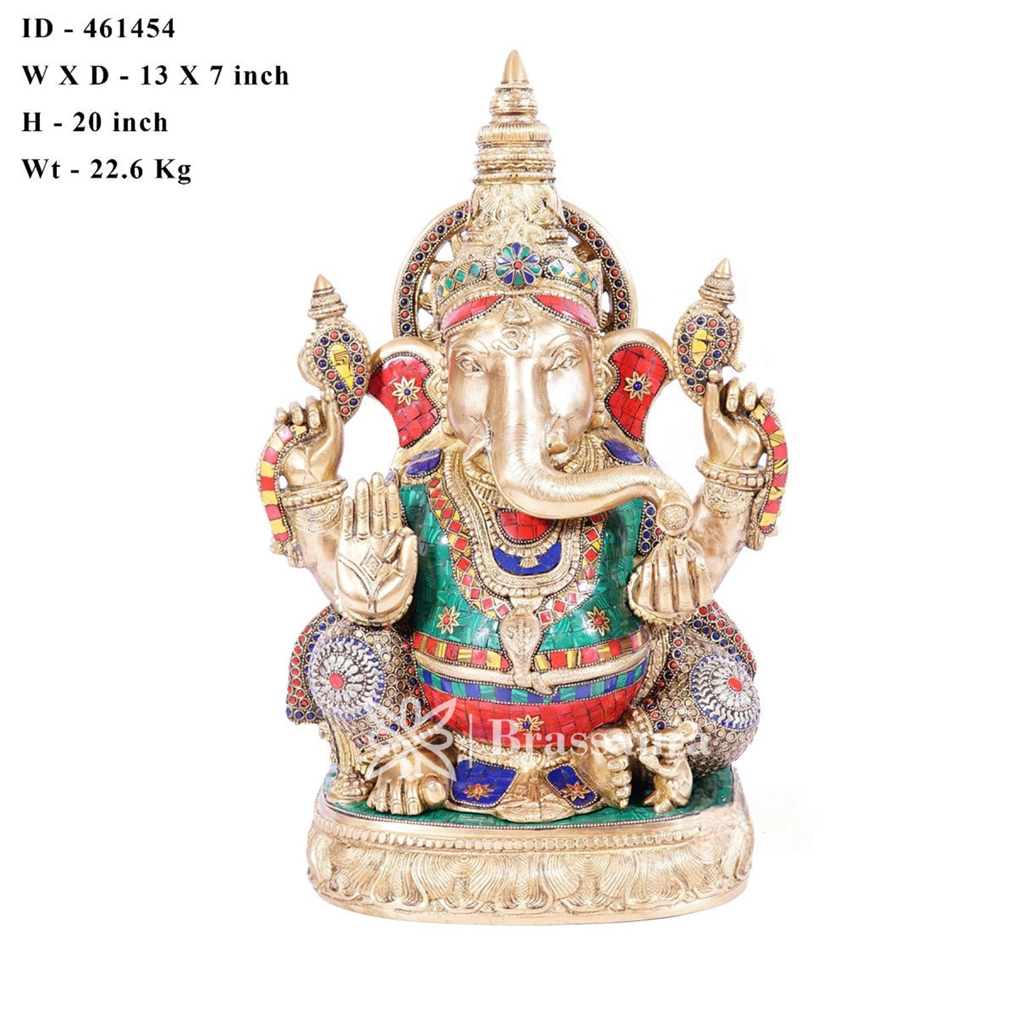 Brassaura™ Brass Gem Stone Work Ganesha Idol for Home and Decor | Weight 23 Kgs | Height 20 Inches
