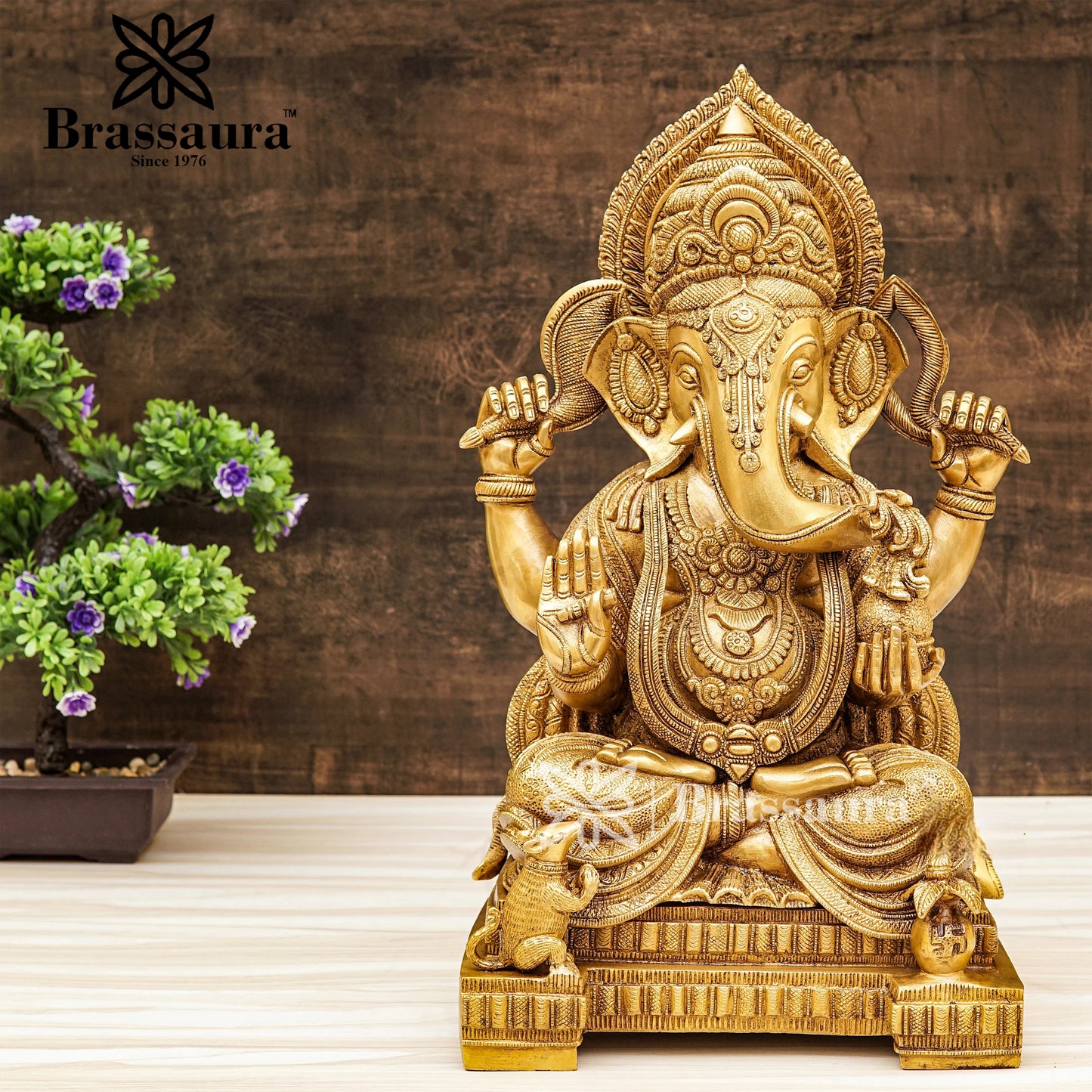 Brassaura™ Brass Chowki Ganesha Idol for Home and Decor | Weight 15 Kgs | Height 18 Inches