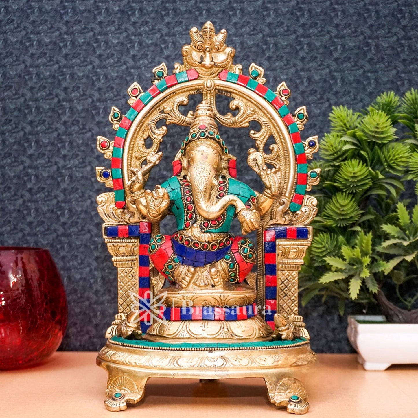 Brass Gem Stone Work Ganesha Statue For Home Decor And Gift Item Weight 4.4 Kg And Height 11.5 Inches