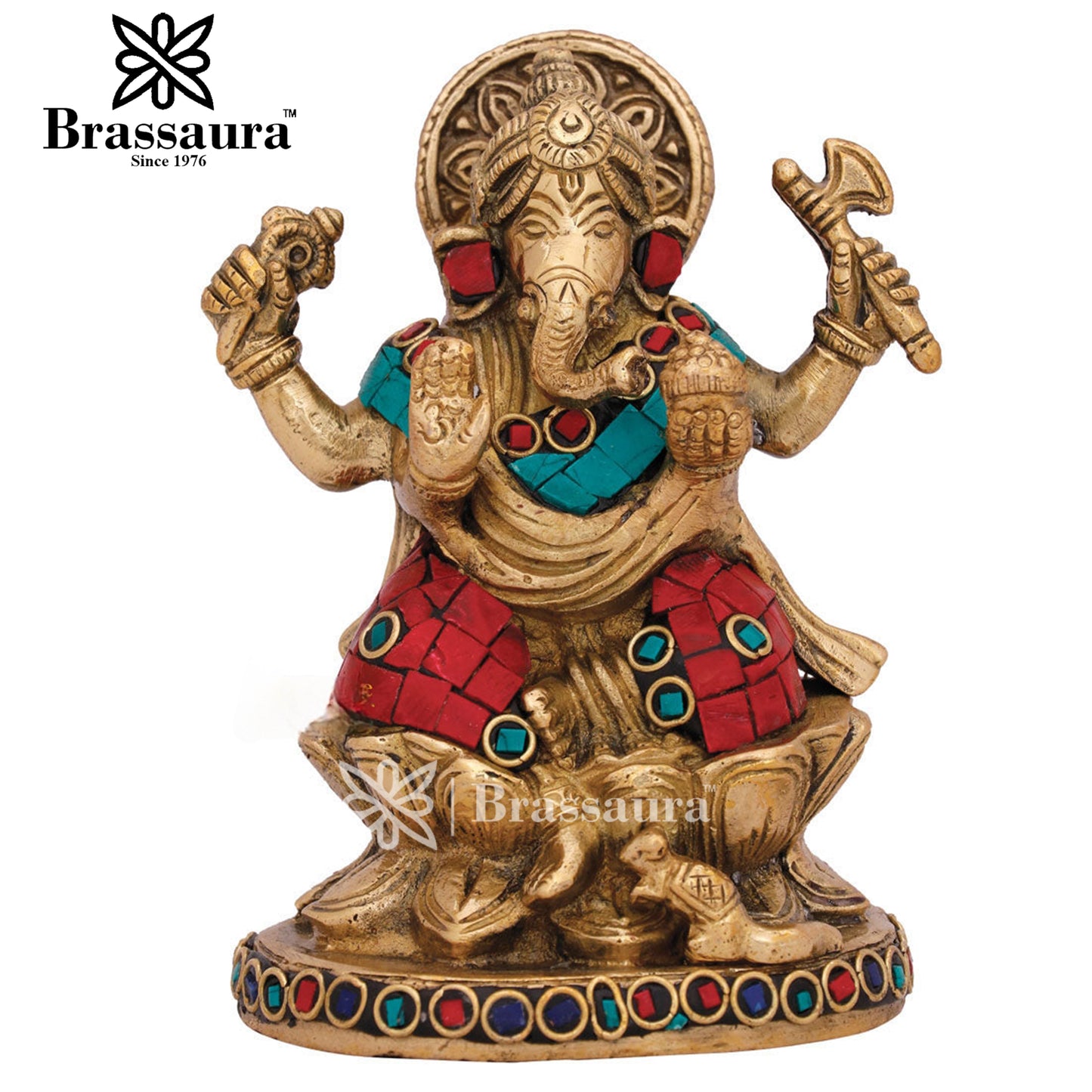 Brassaura™ Brass Gem Stone Work Ganesha Idol for Home Décor | Weight 1 Kgs | Height 5 Inches