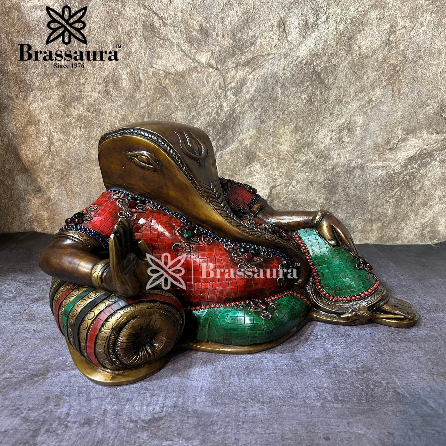 Brass Gem Stone Work Relaxing Ganesha Statue For Home Decor And Gift Items Weight 12.7 Kg And Height 11 Inches
