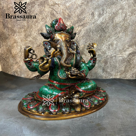 Brassaura™ Brass Gem Stone Work Lotus Ganesha Idol for Home and Decor | Weight 14.7 Kgs | Height 16.93 Inches