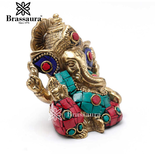 Brassaura™ Brass Gem Stone Work Ganesha Statue for Home Décor & Gift | Weight 0.45 Kg | Height 2.5 Inches