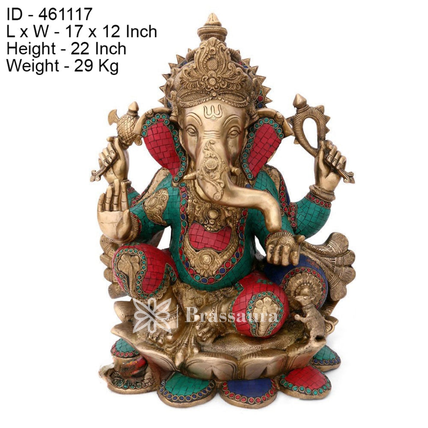 Brassaura™ Brass Gem Stone Work Lotus Ganesha Statue for Home Decor | Weight 29 Kgs | Height 21 Inches