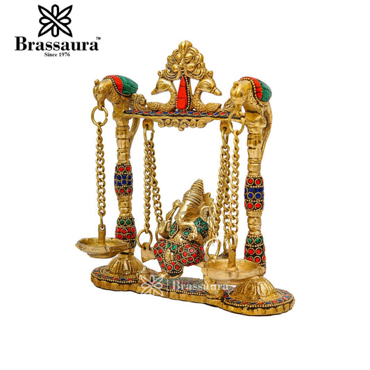 Brassaura™ Brass Gem Stone Work Ganesha Jhula Idol for Home and Decor | Weight 2.1 Kgs | Height 9 Inches