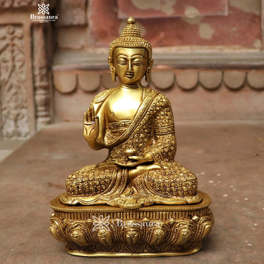 Brassaura® Blessed Buddha Statue in Brass | Pure Superfine Brass Handcrafted Murti | Brass Statue for Home Temple, Pooja Room | Height 11 Inches | Weight 2.97 Kg