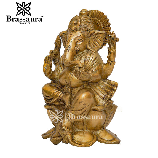 Brassaura™ Brass Lotus Ganesha Idol for Home and Decor | Weight 3.9 Kgs | Height 10 Inches
