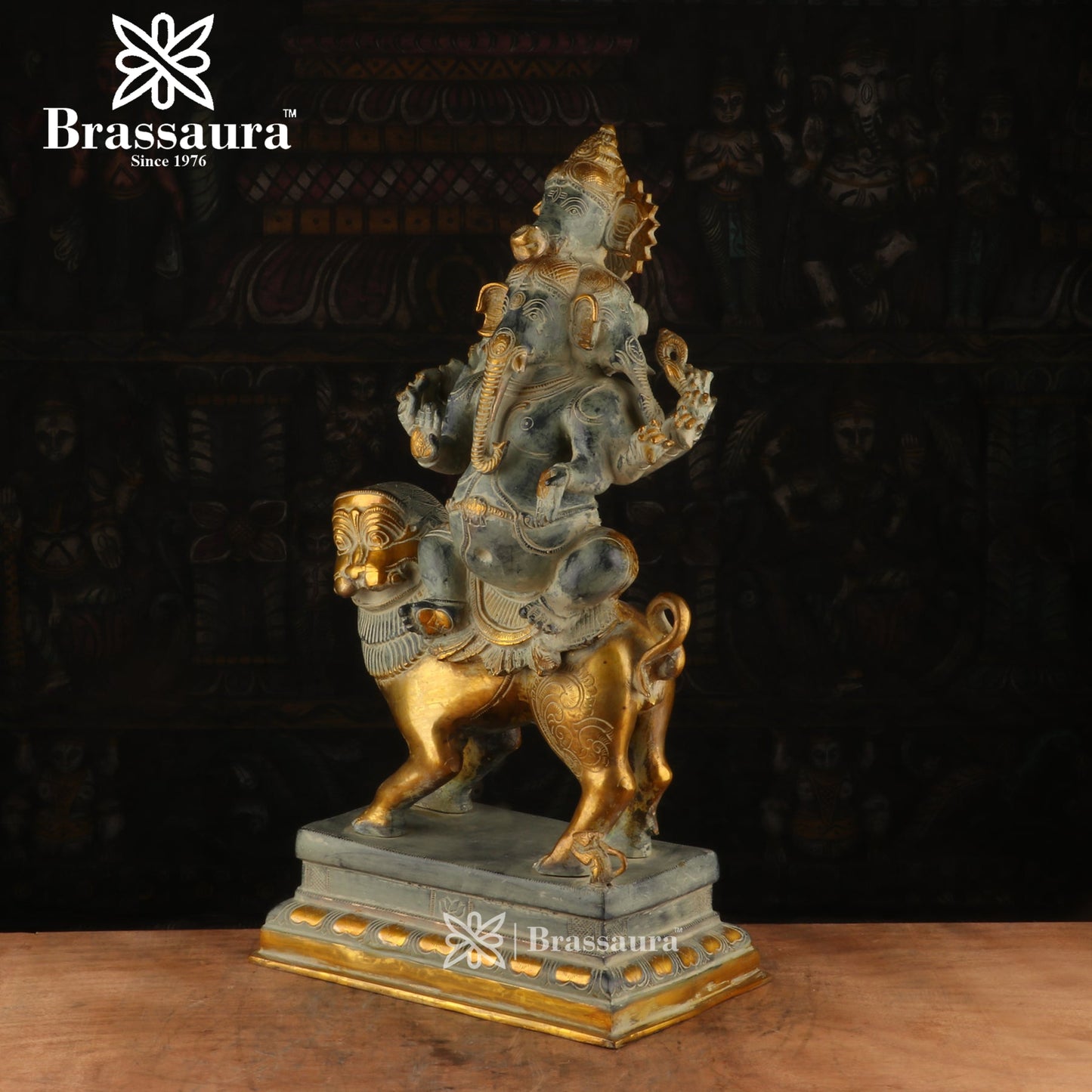 Brassaura™ Brass Ganesha Sitting on Lion Idol for Home and Decor | Weight 24 Kgs | Height 24 Inches