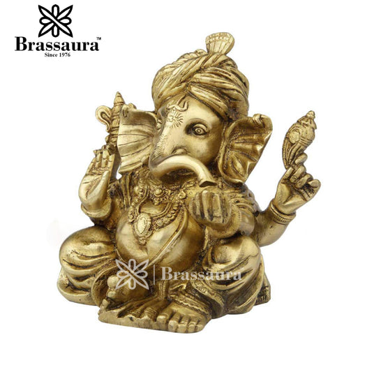 Brass Turban Ganesha Statue For Home Decor And Gift Item Weight 3.6 Kg And Height 8 Inch