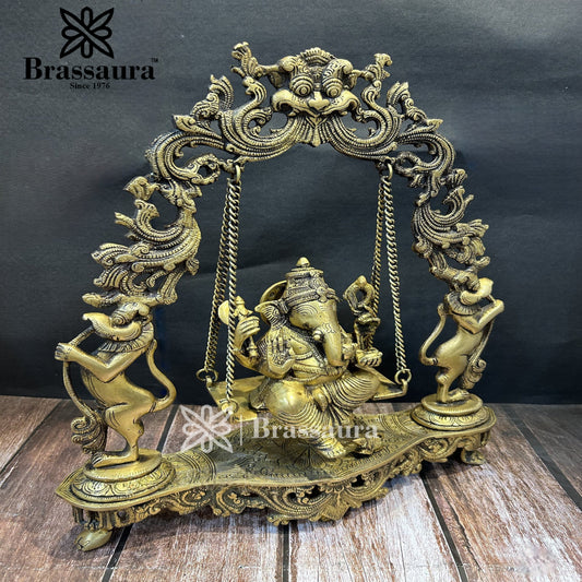 Brassaura™ Brass Big Ganesha Jhula Idol for Home and Decor | Weight 7 Kgs | Height 18 Inches