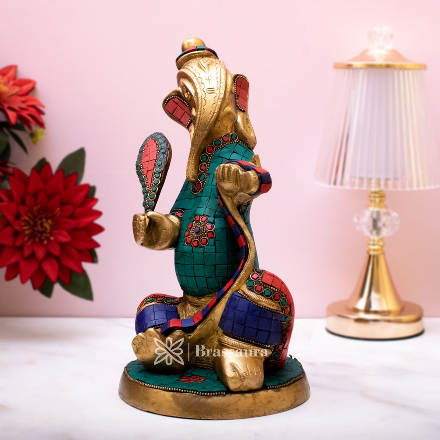 Brassaura™ Brass Gem Stone Work Ganesha Idol for Home and Decor | Weight 4.4 Kgs | Height 12 Inches