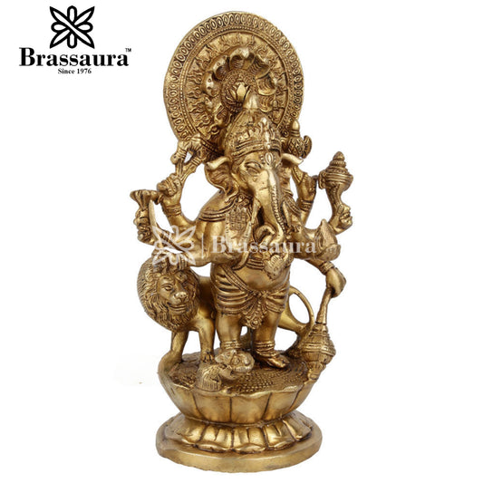 Brassaura™ Brass Lion Ganesha Idol for Home Décor | Weight 3.8 Kgs | Height 11.5 Inches