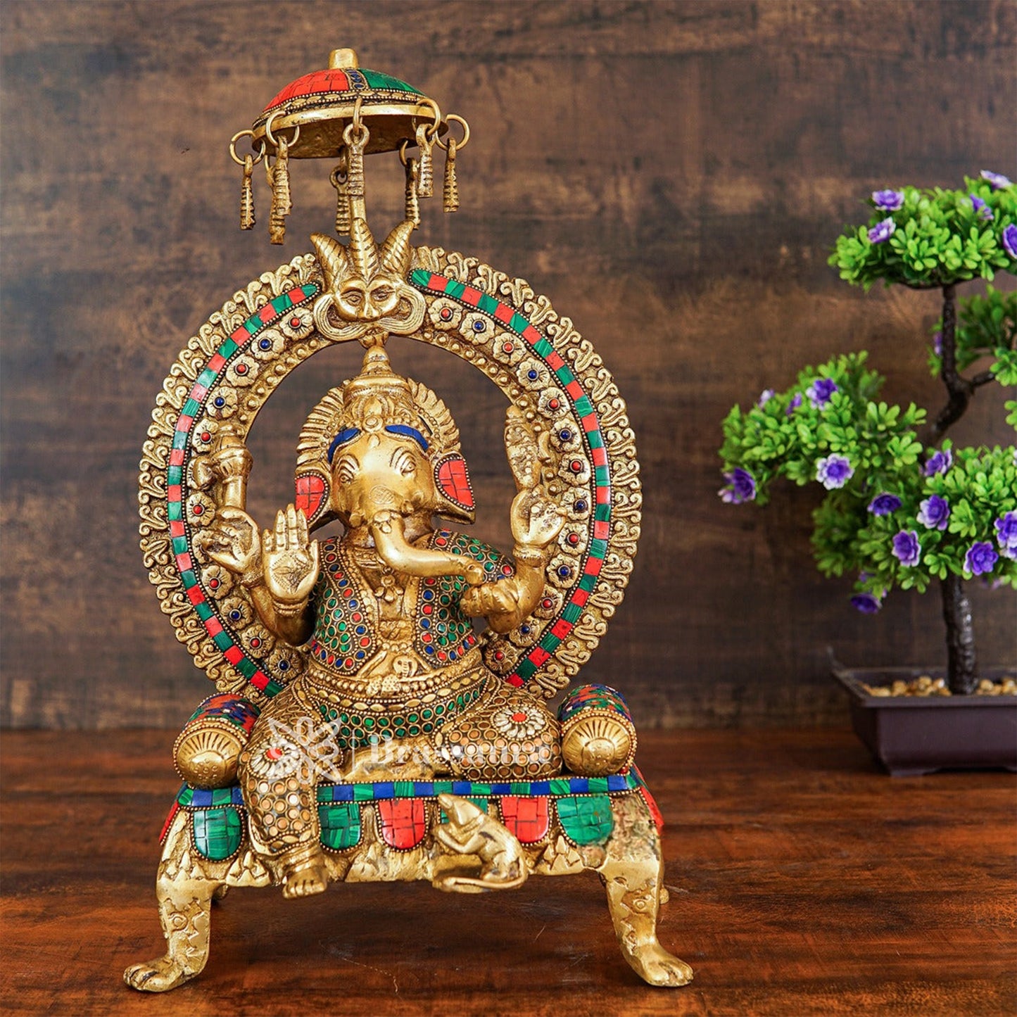 Brassaura™ Brass Gem Stone Work Ganesha Idol for Home and Decor | Weight 9.5 Kgs | Height 18 Inches