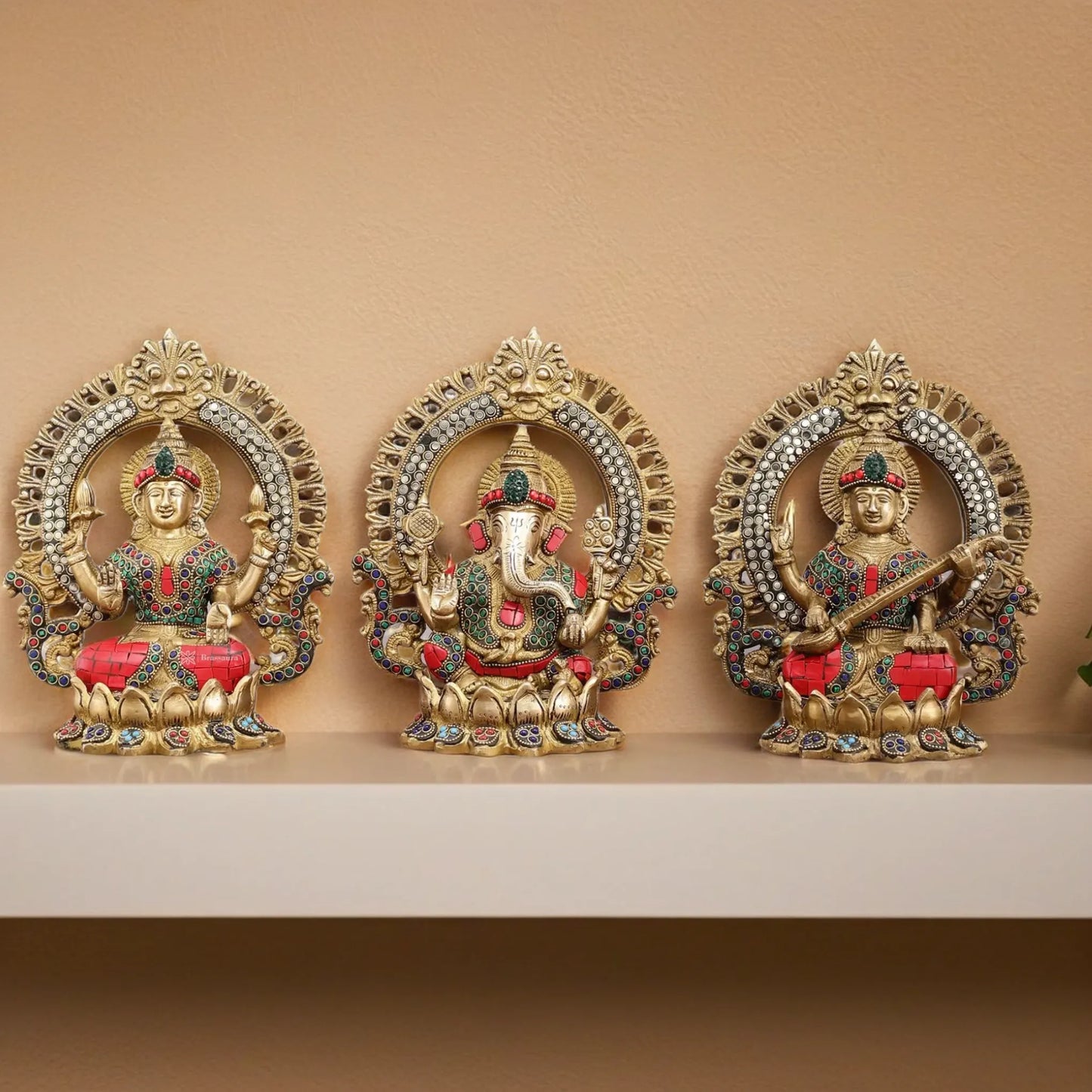 Brass Gem Stone Work Laxmi Ganesha Saraswati Murti for Home and Decor Height 9.5 Inches & Weight 10.2 Kgs