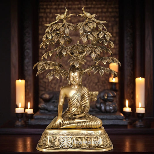 Brassaura™ Brass Buddha With Tree – Height 31 Inches & Weight 37 Kgs | Artistic Handcrafted Idol for Peaceful Interiors