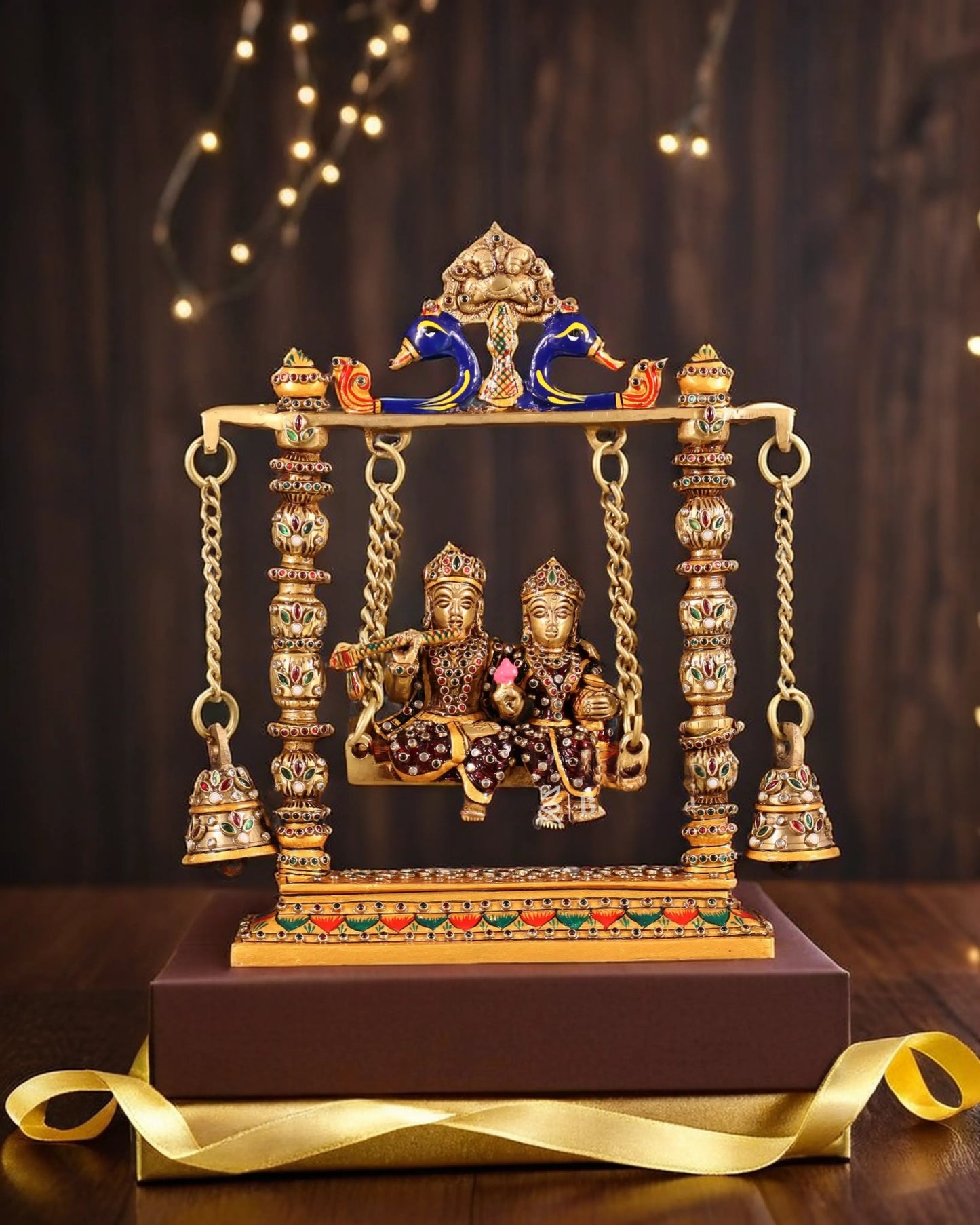 Brassaura™ Brass Radha Krishna Swing Idol with Laakh Meenakari – Height 10 Inches & Weight 2.5 Kgs | Elegant Devotional Statue