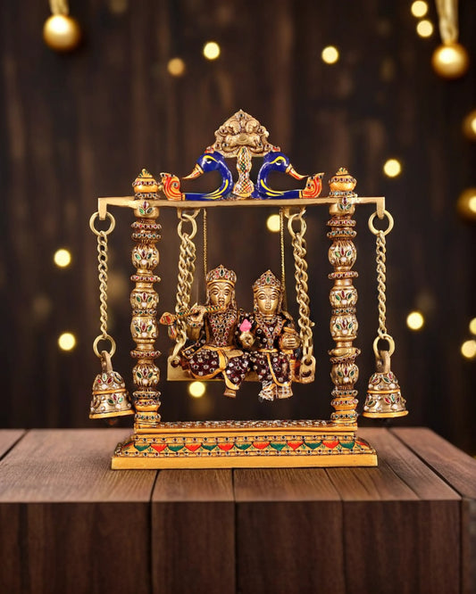 Brassaura™ Brass Radha Krishna Swing Idol with Laakh Meenakari – Height 10 Inches & Weight 2.5 Kgs | Elegant Devotional Statue