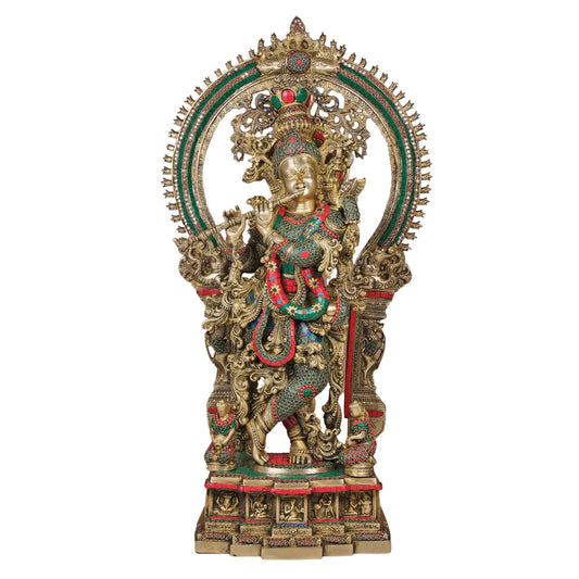 Brassaura® Brass Large Krishna Statue with Stone Work | Height 32 Inches