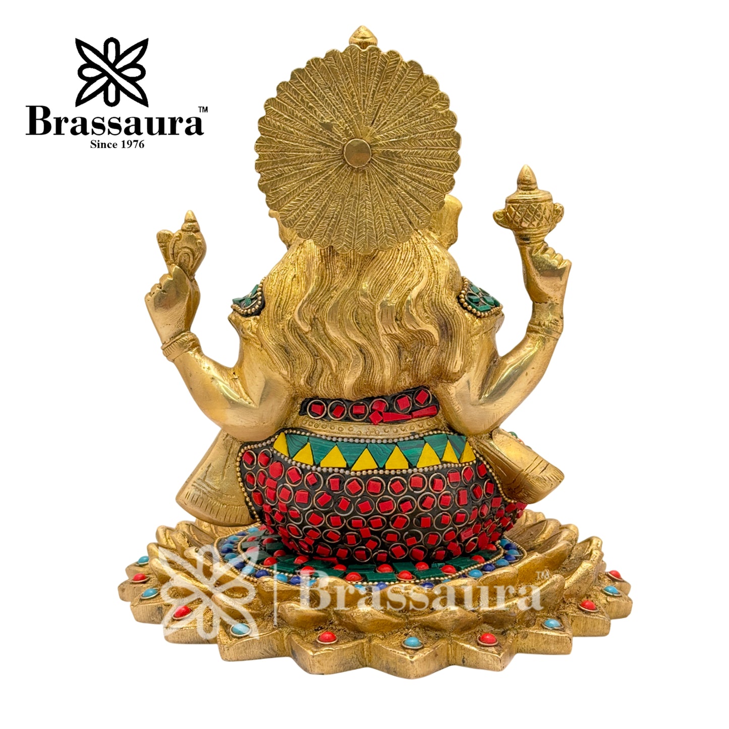 Brassaura™ Brass Gem Stone Work Lotus Ganesha Idol for Home and Decor | Weight 4.2 Kgs | Height 7.9 Inches