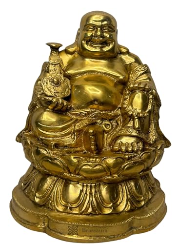 Brassaura® Buddha Idol with Intricate Lotus Base & Antique Gold Brass Finish | Pure Superfine Brass Handcrafted Murti | Brass Statue for Home Temple, Pooja Room | Height 8.3 Inches | Weight 4.5 Kgs