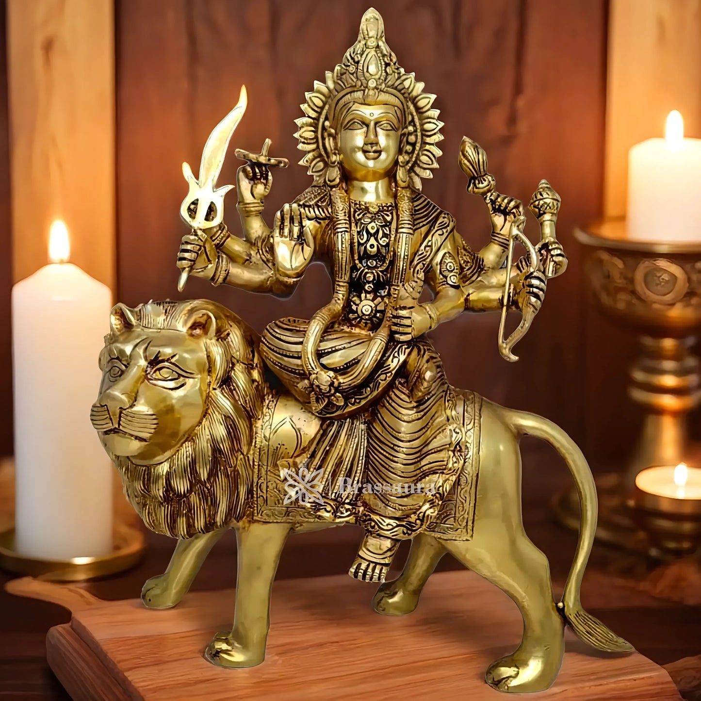 Brassaura™ Sherawali Mata Brass Murti – 12kg, 17-Inch – Intricately Carved Big-Size Idol with Antique Finish