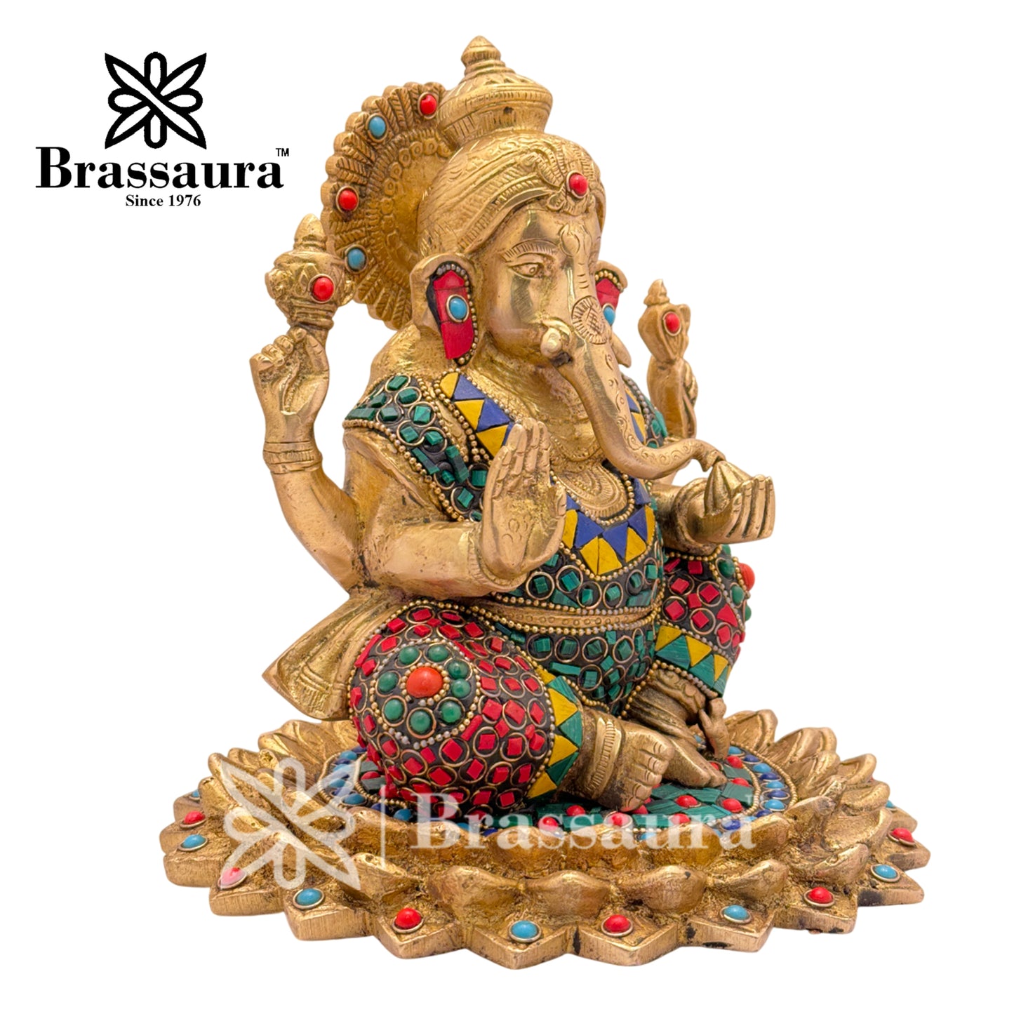 Brassaura™ Brass Gem Stone Work Lotus Ganesha Idol for Home and Decor | Weight 4.2 Kgs | Height 7.9 Inches