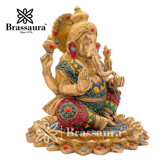 Brassaura™ Brass Gem Stone Work Lotus Ganesha Idol for Home and Decor | Weight 4.2 Kgs | Height 7.9 Inches