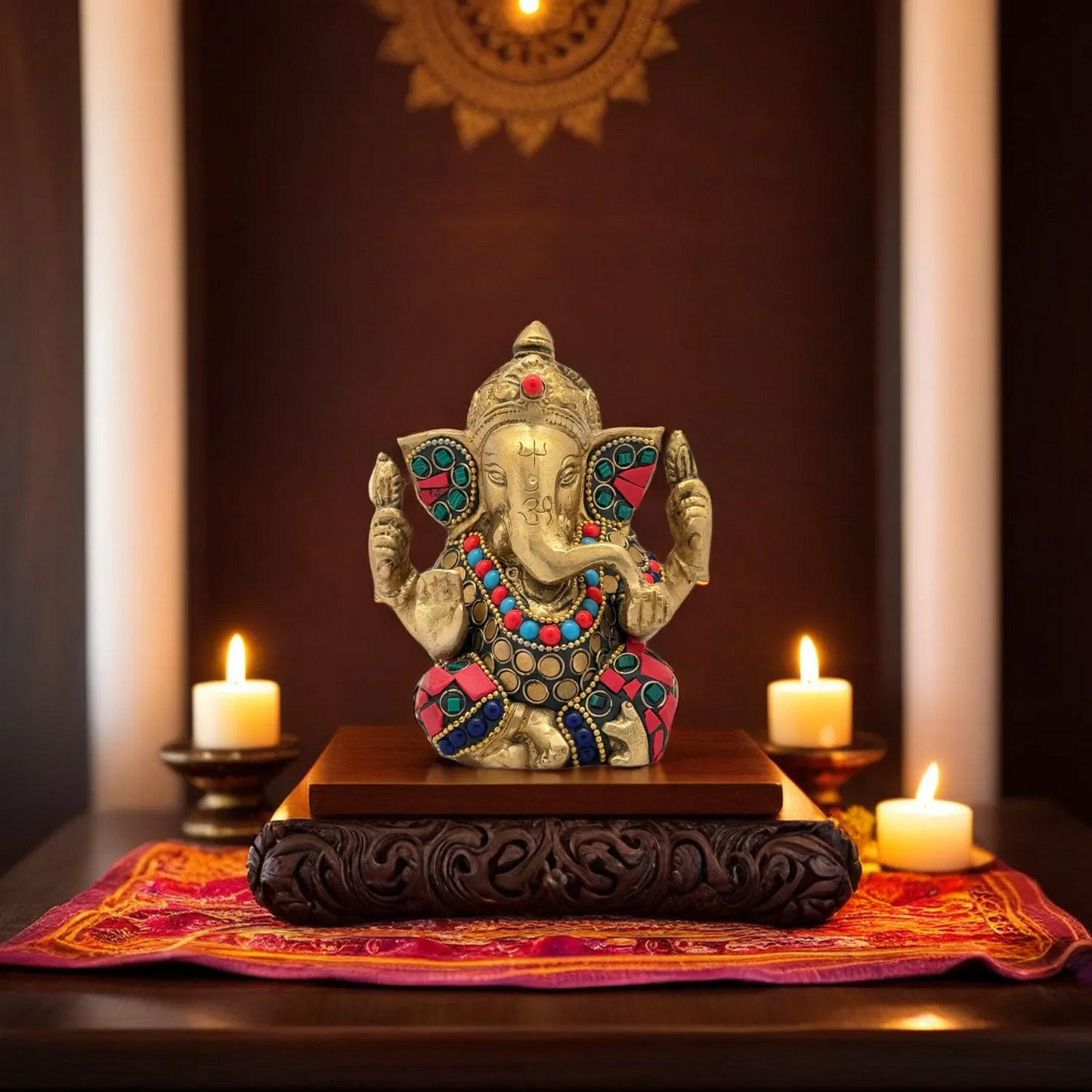 Brass Gem Stone Work Appu Ganesha Statue for Home Decor Weight 860 Gram Height 16 cm
