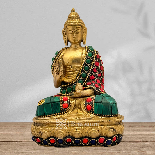 Brassaura® Brass Gem Stone Work Meditative Buddha Idol for Home Decor | Pure Superfine Brass Handcrafted Murti | Brass Statue for Home Temple, Pooja Room | Height 5.12 Inches | Weight 0.8 Kg
