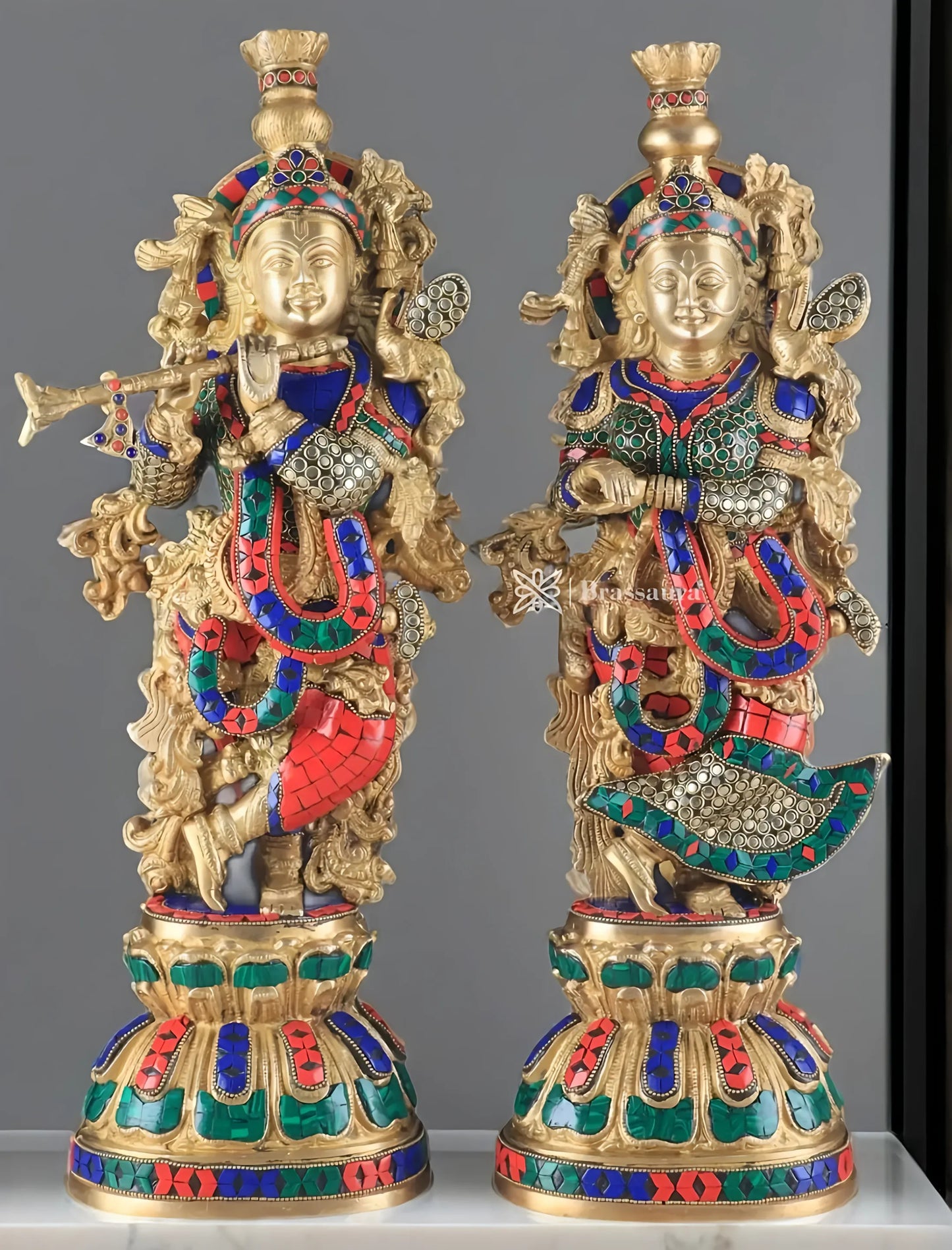 Brassaura™ Pure Brass Radha Krishna Statue with Rings & Natural Stones – Height 21 Inches & Weight 18 Kgs | Devotional Idol