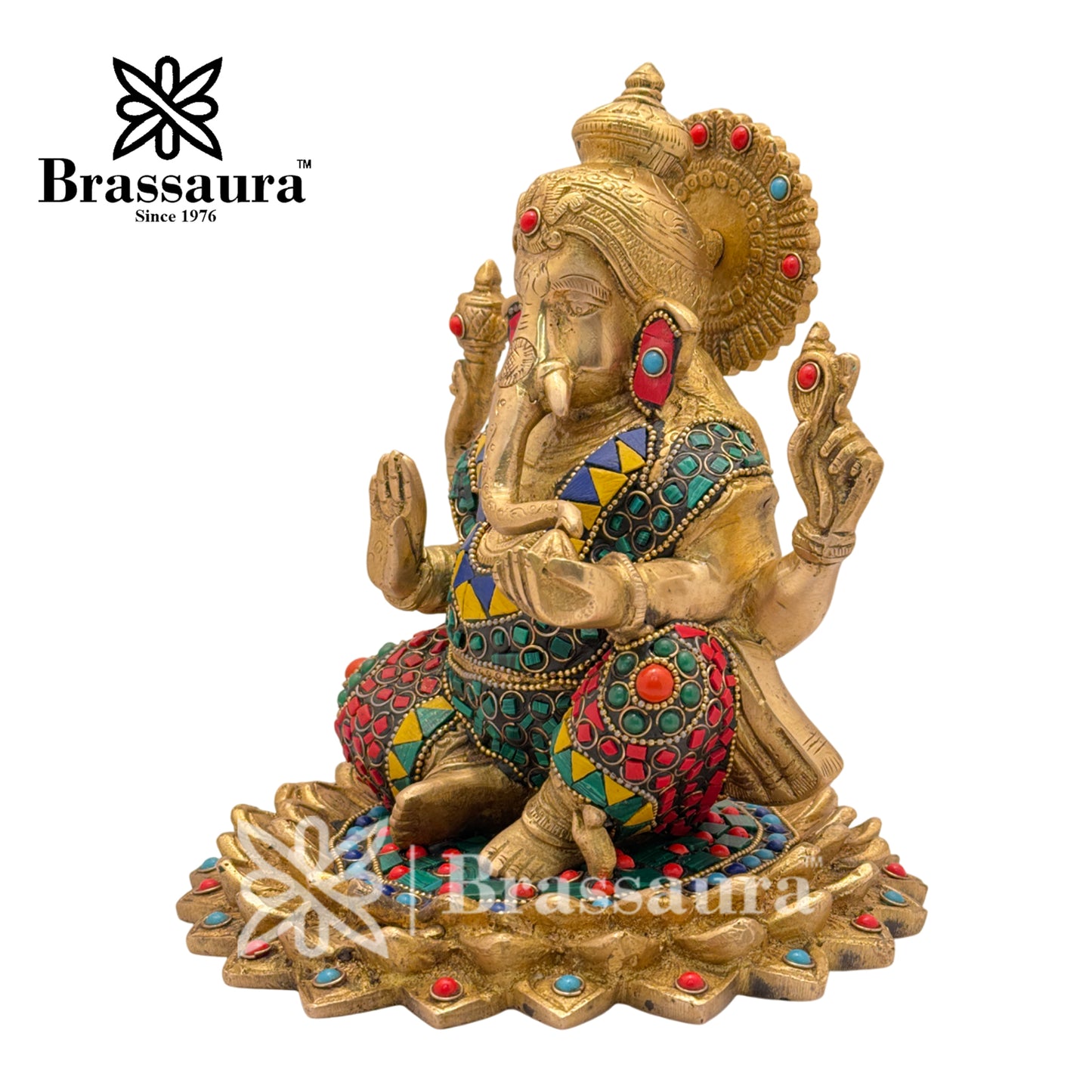 Brassaura™ Brass Gem Stone Work Lotus Ganesha Idol for Home and Decor | Weight 4.2 Kgs | Height 7.9 Inches