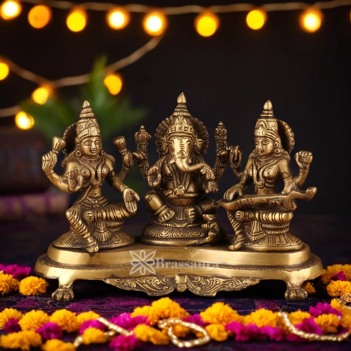 Brassaura™ Traditional Brass Laxmi Ganesha Saraswati Murti – Height 7 Inches & Weight 3.3 Kgs