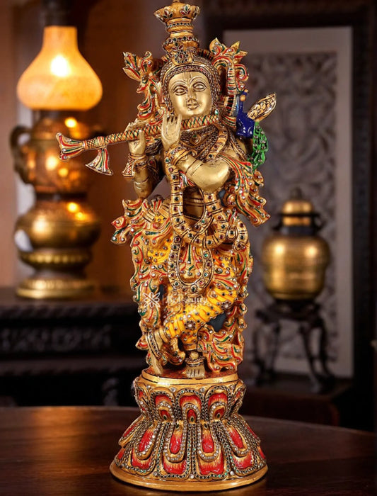 Brassaura™ Brass Krishna Statue with Natural Stones – Height 21" | Weight 9 Kgs
