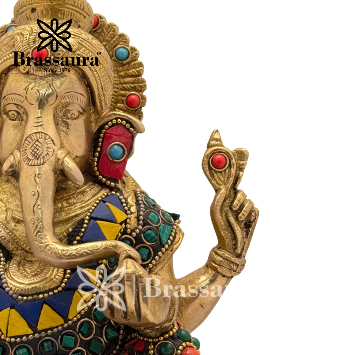 Brassaura™ Brass Gem Stone Work Lotus Ganesha Idol for Home and Decor | Weight 4.2 Kgs | Height 7.9 Inches