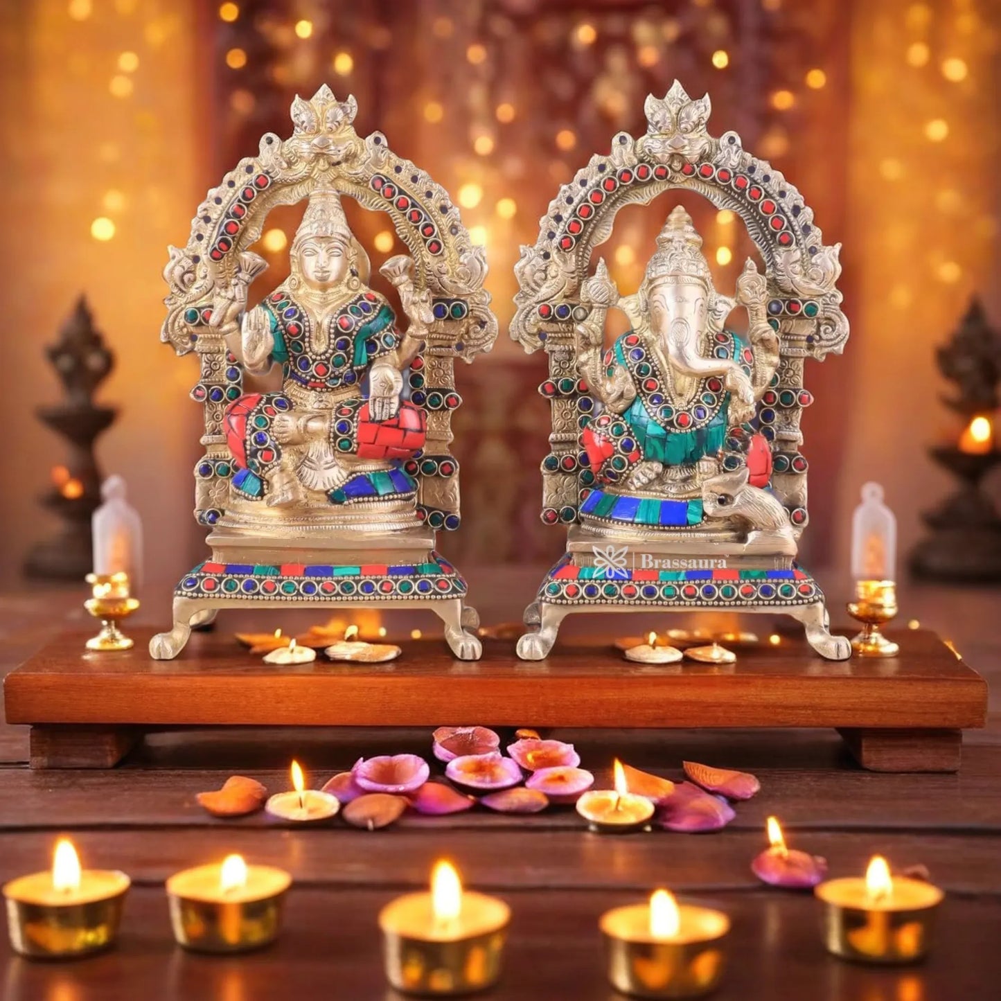 Brass Gem Stone Work Lakshmi Ganesh Height 8 Inches & Weight 4 Kgs