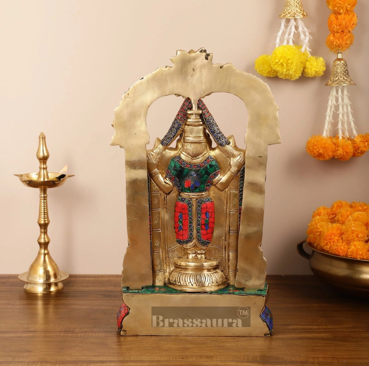 Brassaura™ Brass Handcrafted Tirupati Balaji Idol gem Stonework & Thiruvarchi Prabhavali – 20 Inches, 12 Kgs